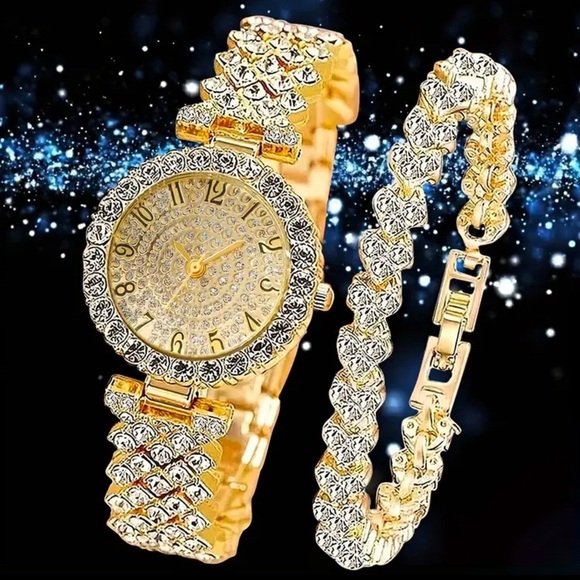 2 Piece: Gold Tone Stainless Steel Rhinestone Watch w/Rhinestone Bracelet, NIP - Picture 1 of 6